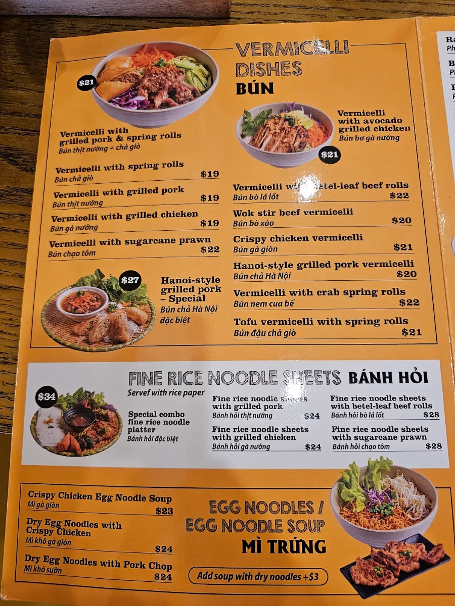 Menu, Kim Long Vietnamese Eatery
