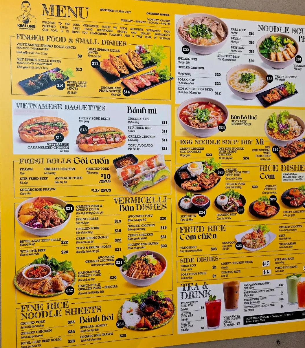 Menu, Kim Long Vietnamese Eatery