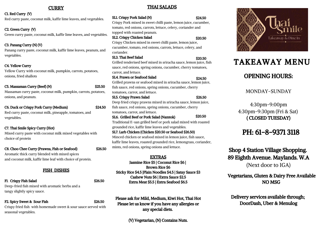 Menu, Thai Smile Restaurant