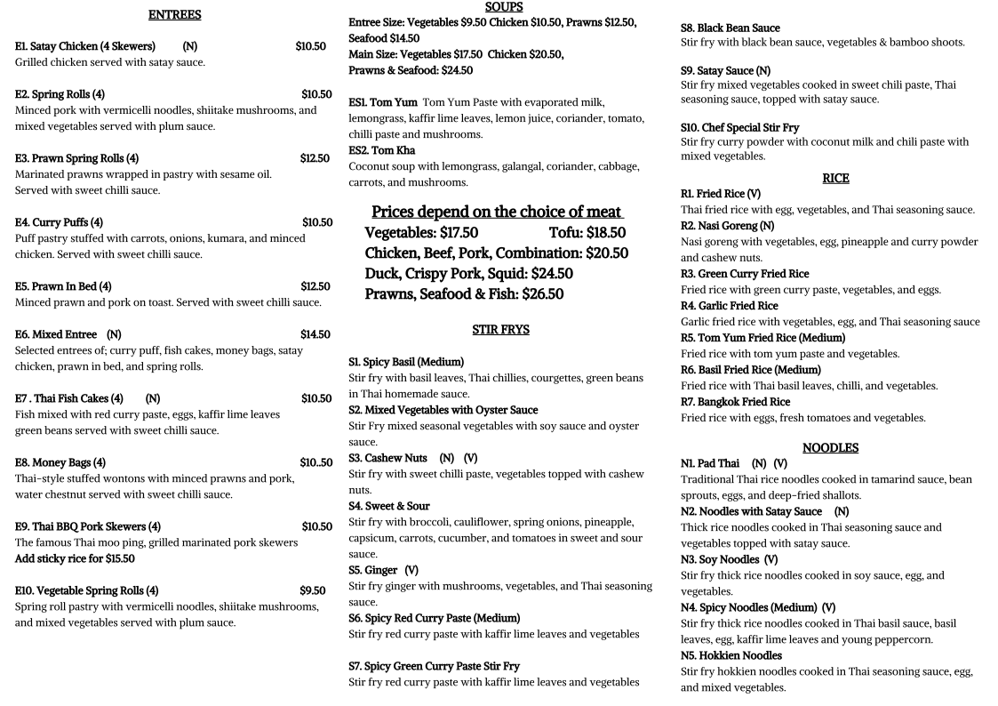 Menu, Thai Smile Restaurant