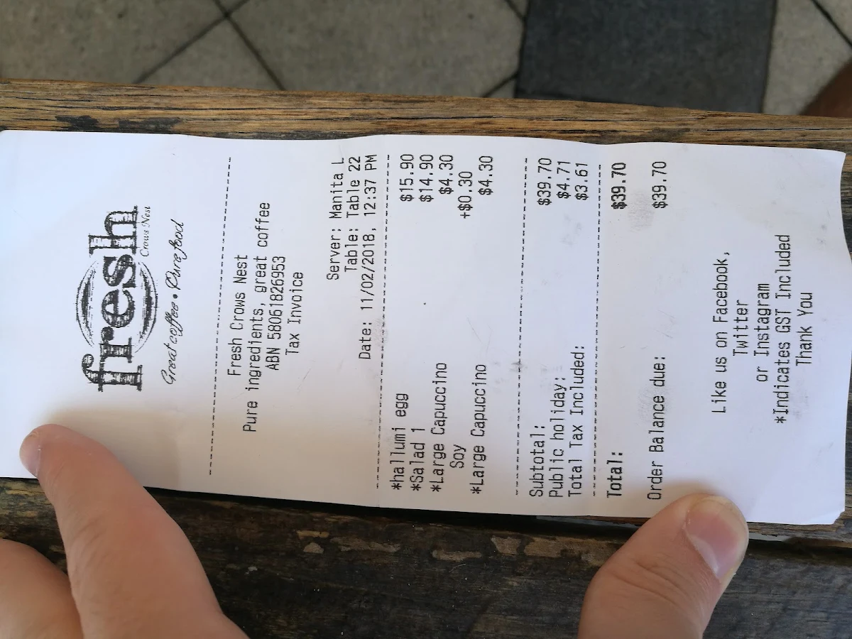 Menu, Fresh Crows Nest Cafe