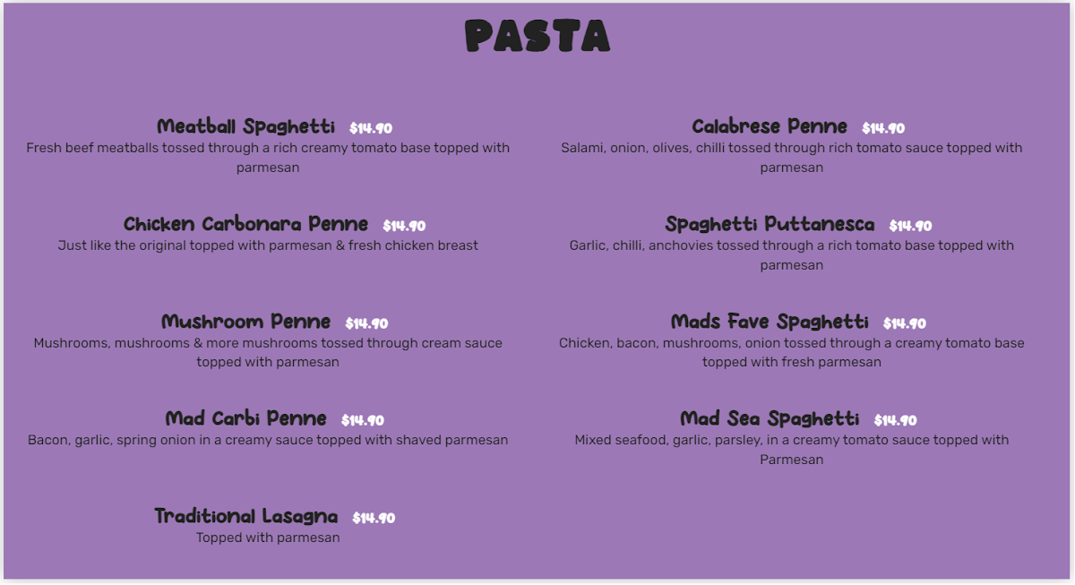 Menu, Mad Pizza
