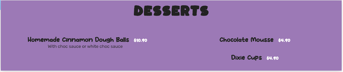 Menu, Mad Pizza