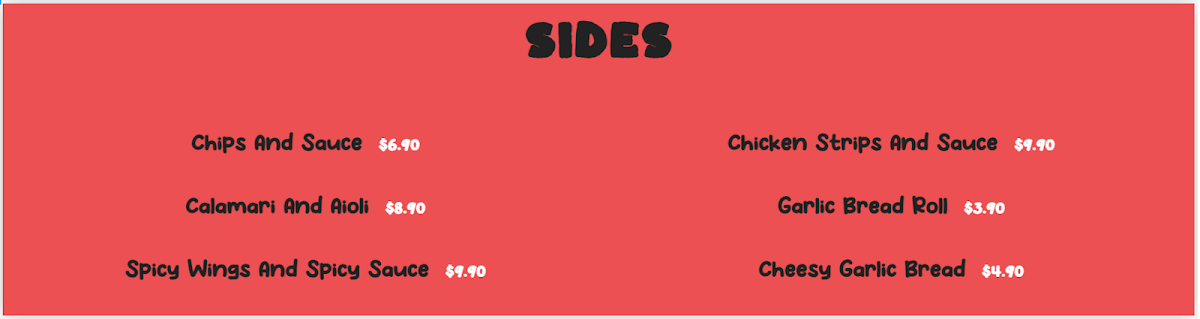 Menu, Mad Pizza