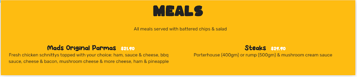 Menu, Mad Pizza