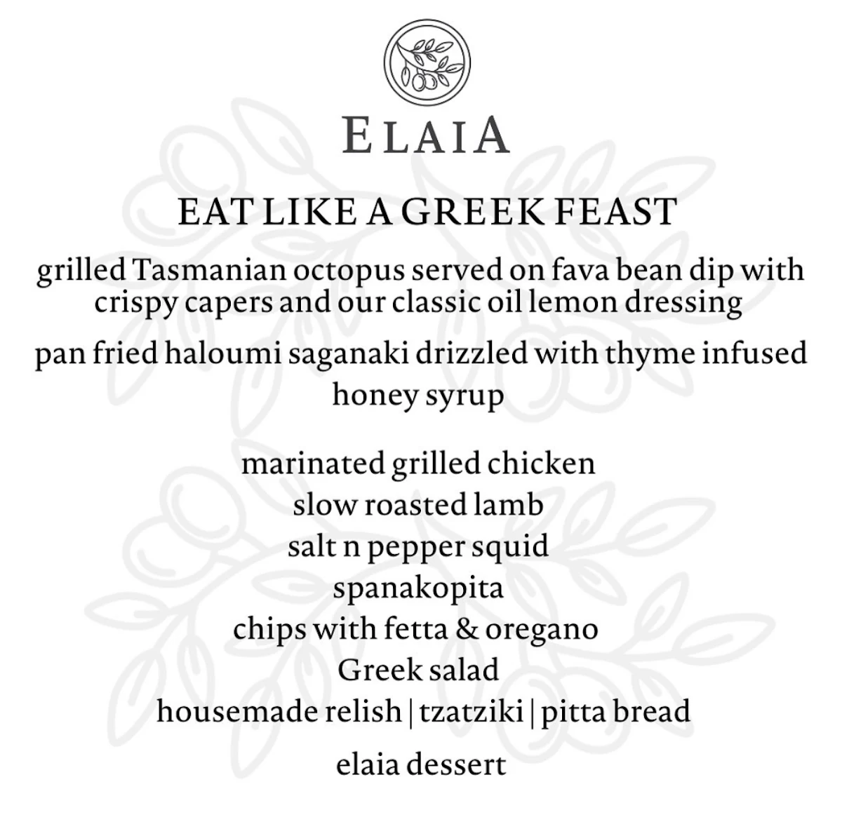 Menu, Elaia Cafe Restaurant