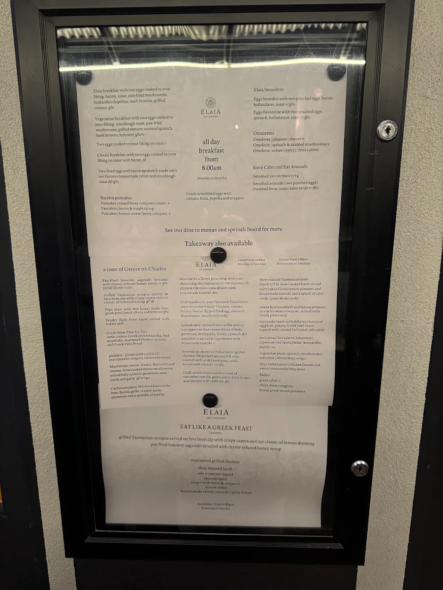 Menu, Elaia Cafe Restaurant
