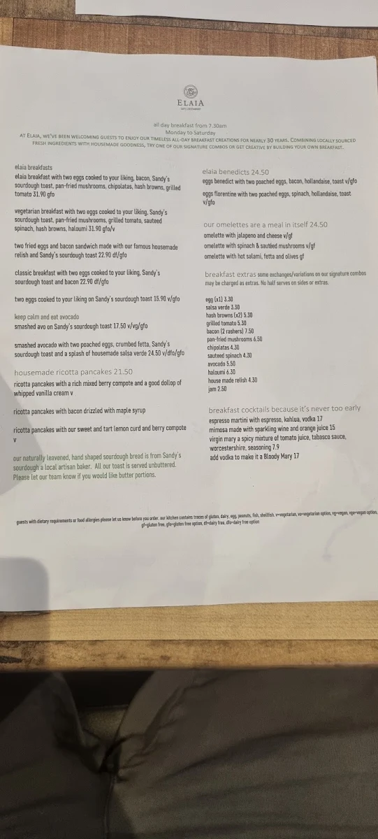 Menu, Elaia Cafe Restaurant