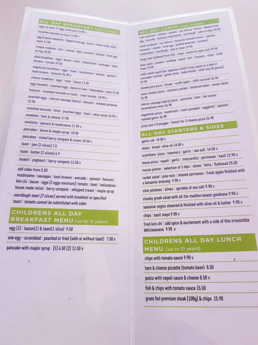 Menu, Elaia Cafe Restaurant