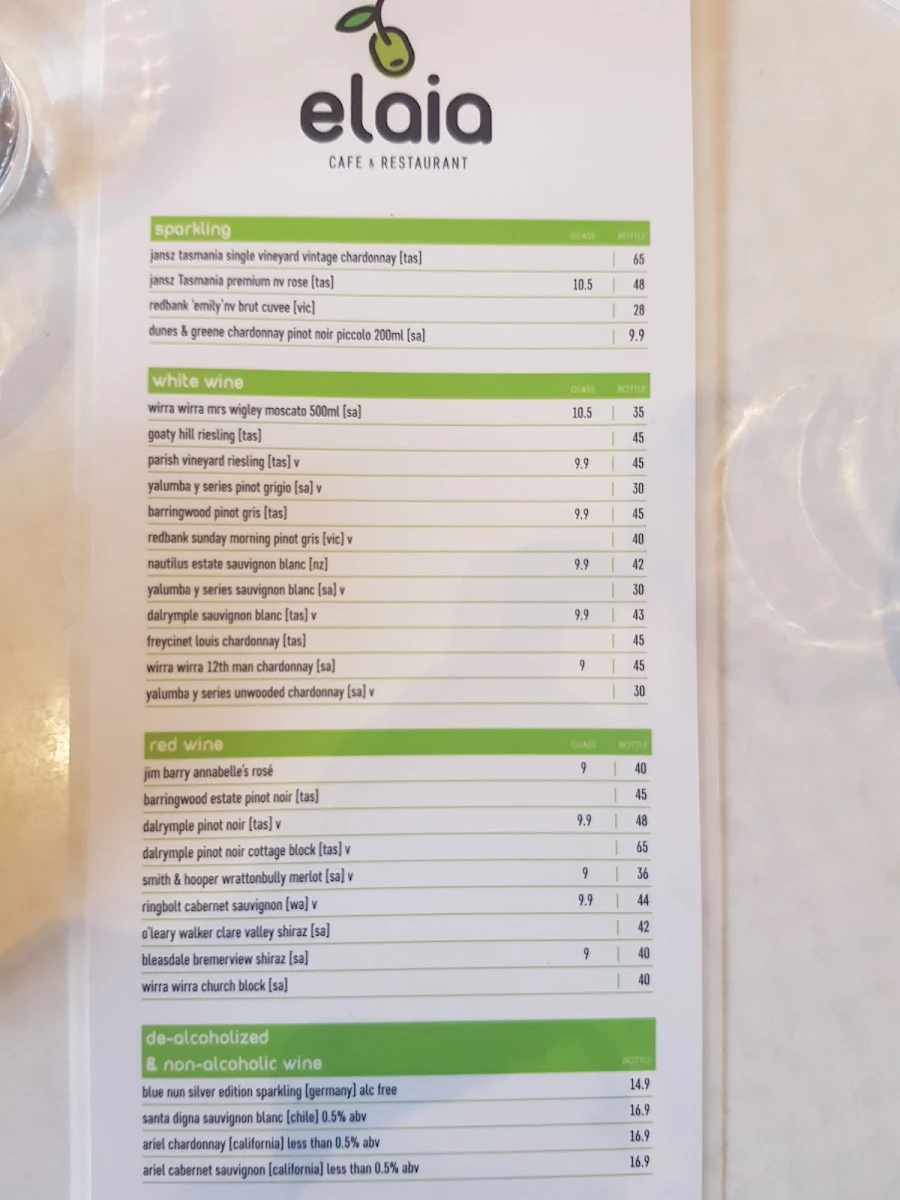 Menu, Elaia Cafe Restaurant