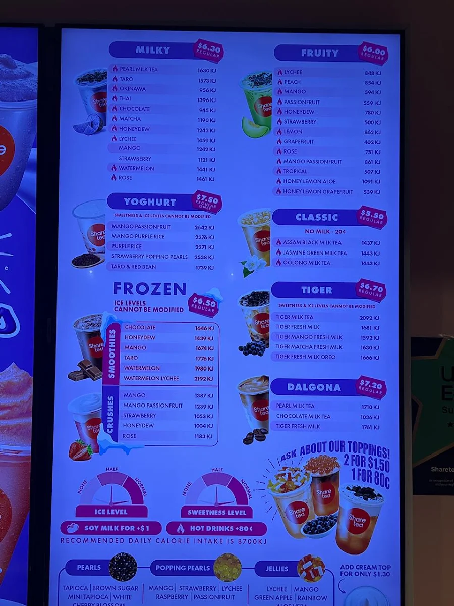 Menu, Sharetea Wollongong