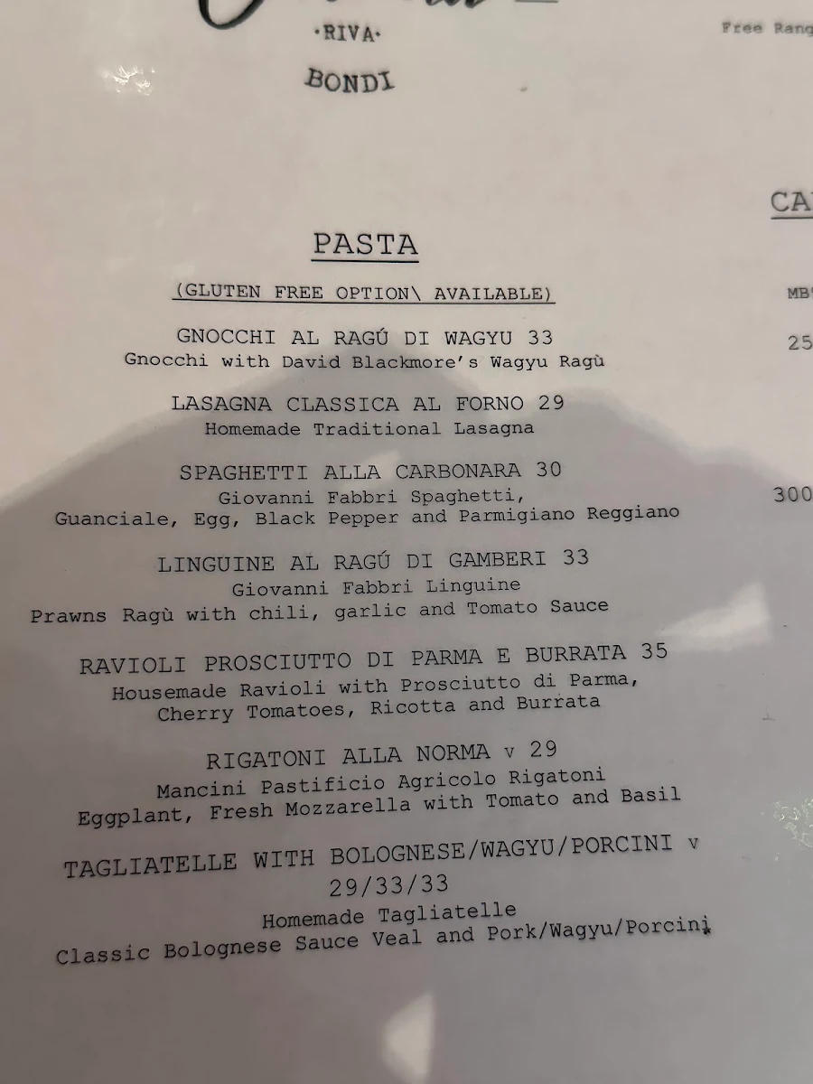 Menu, Osteria Riva