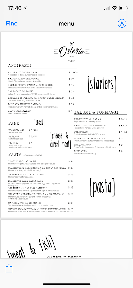 Menu, Osteria Riva