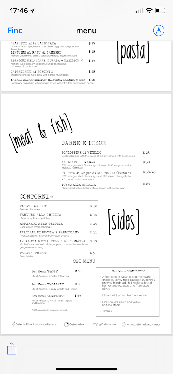 Menu, Osteria Riva
