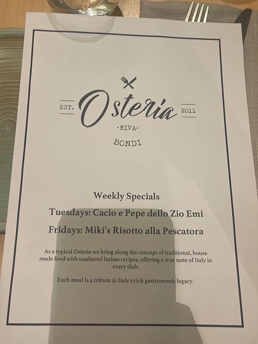 Menu, Osteria Riva