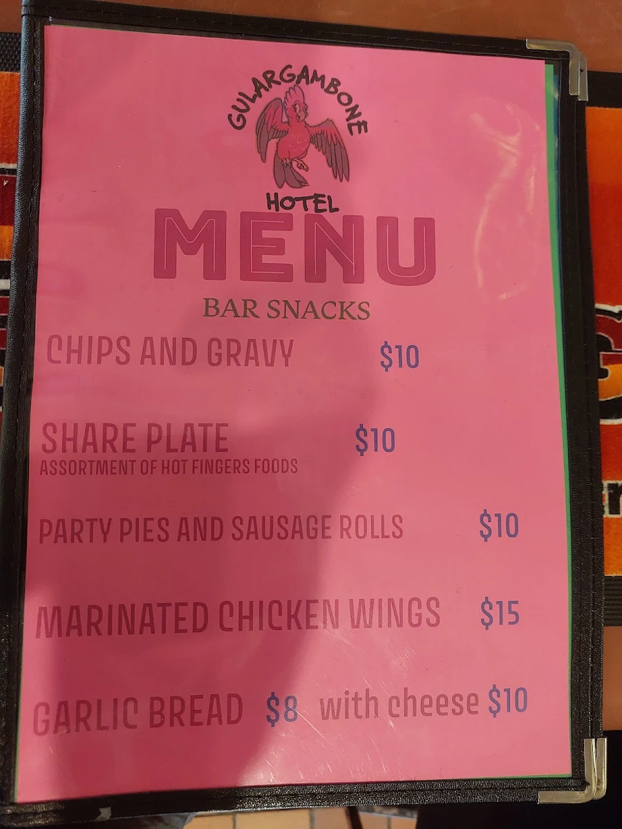 Menu, Gulargambone Hotel