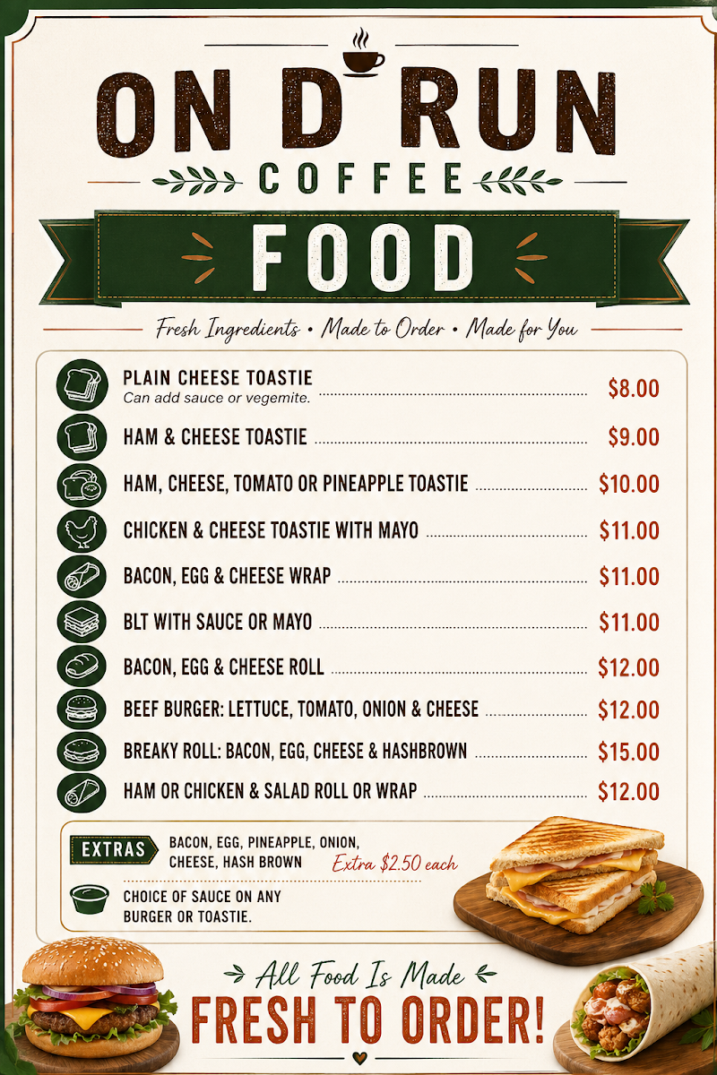 Menu, On D Run Coffee