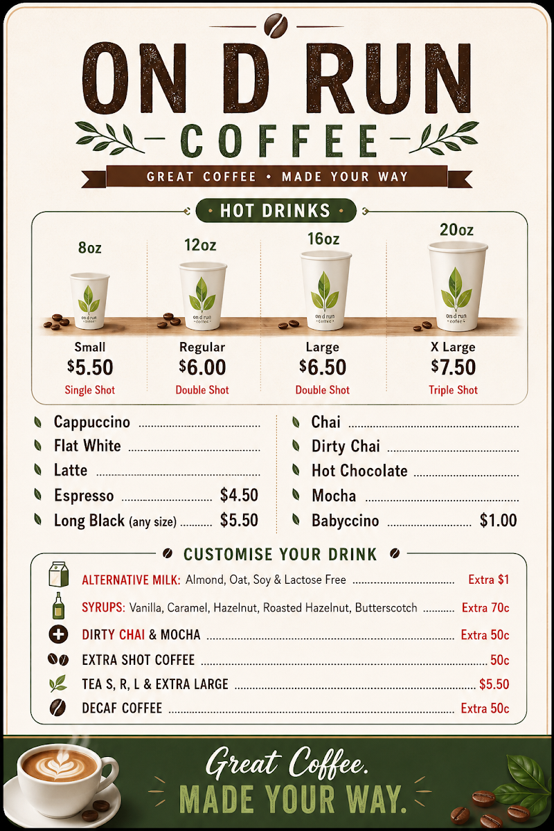 Menu, On D Run Coffee