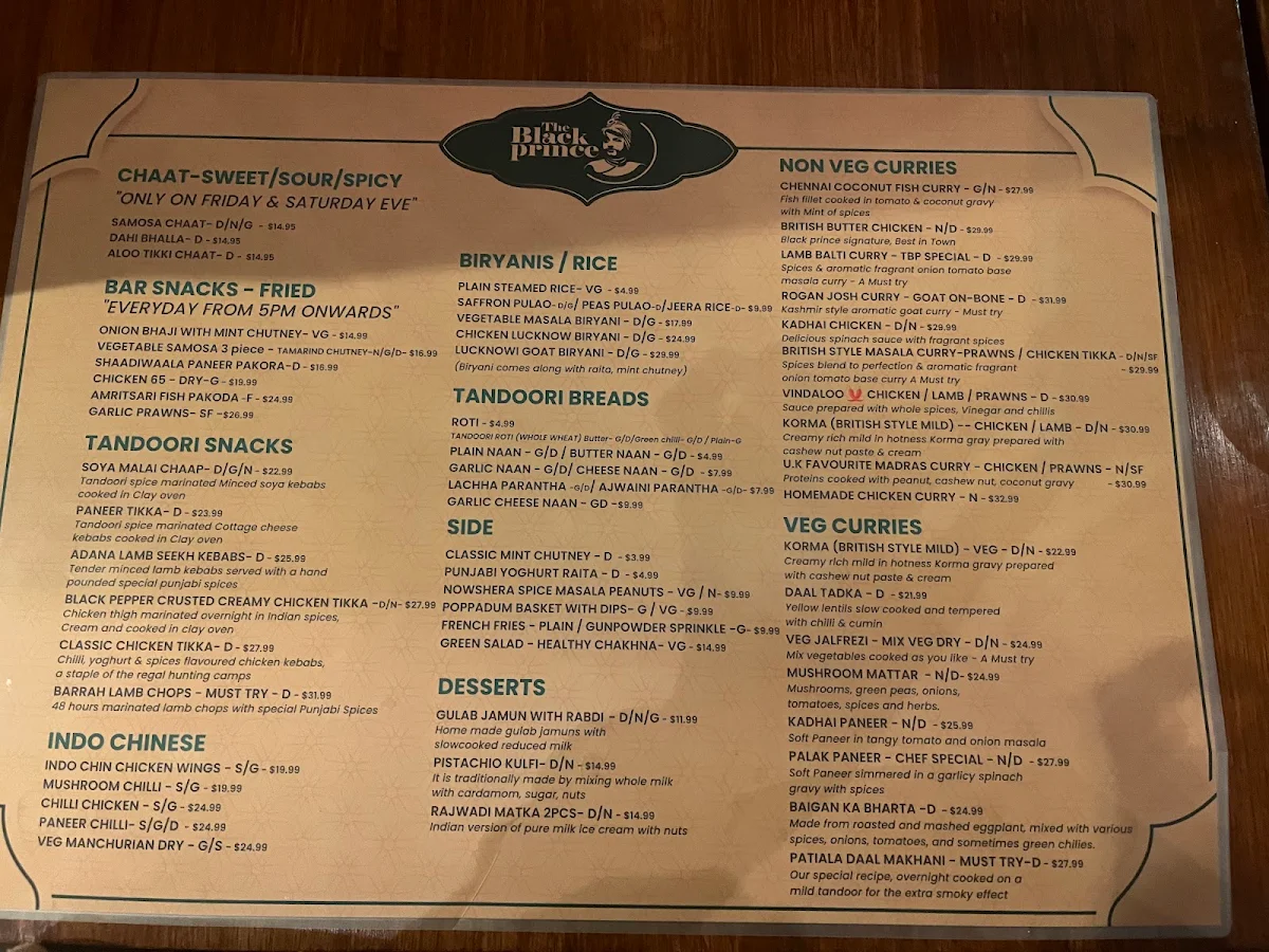 Menu, The Black Prince - British Indian Restaurant