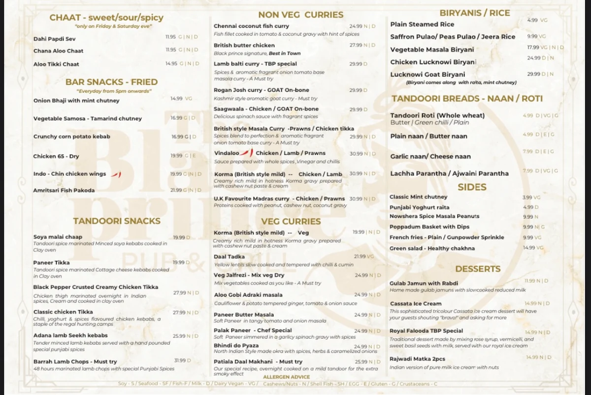 Menu, The Black Prince - British Indian Restaurant