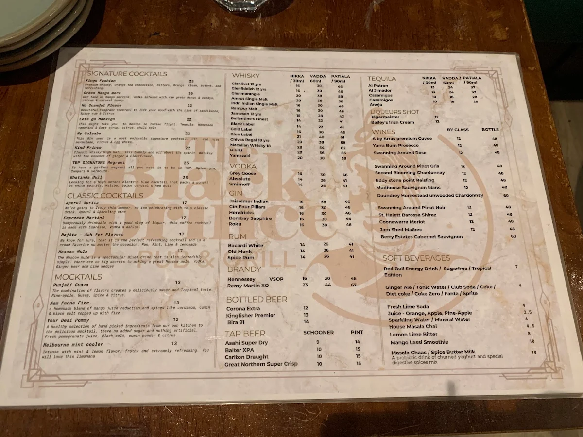 Menu, The Black Prince - British Indian Restaurant