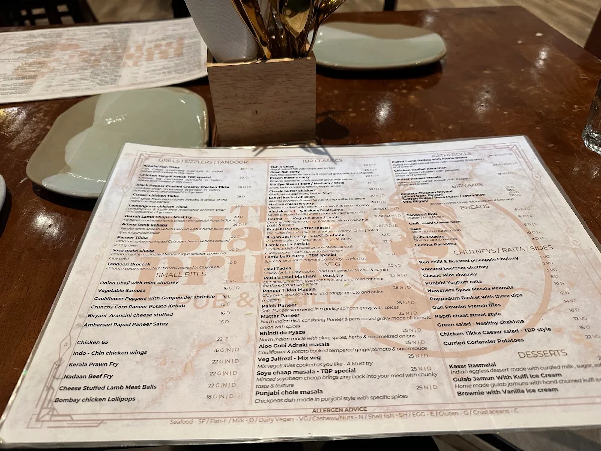 Menu, The Black Prince - British Indian Restaurant