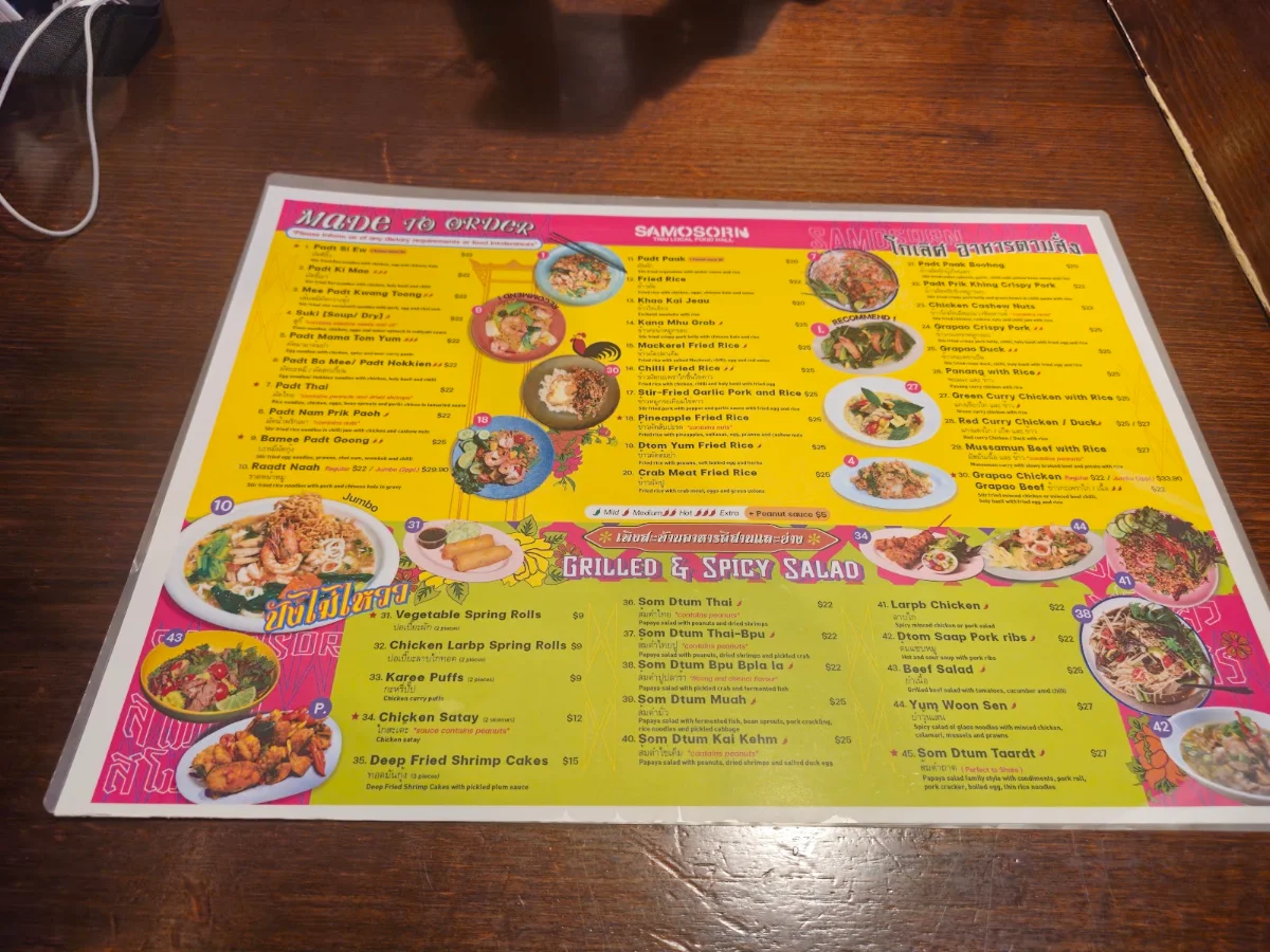 Menu, Samosorn Thai Sydney