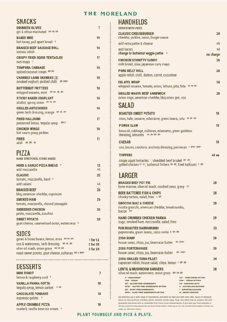 Menu, Moreland Hotel