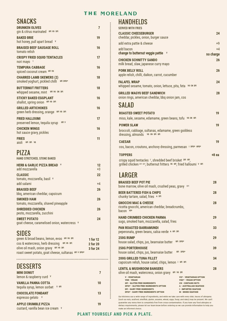 Menu, Moreland Hotel