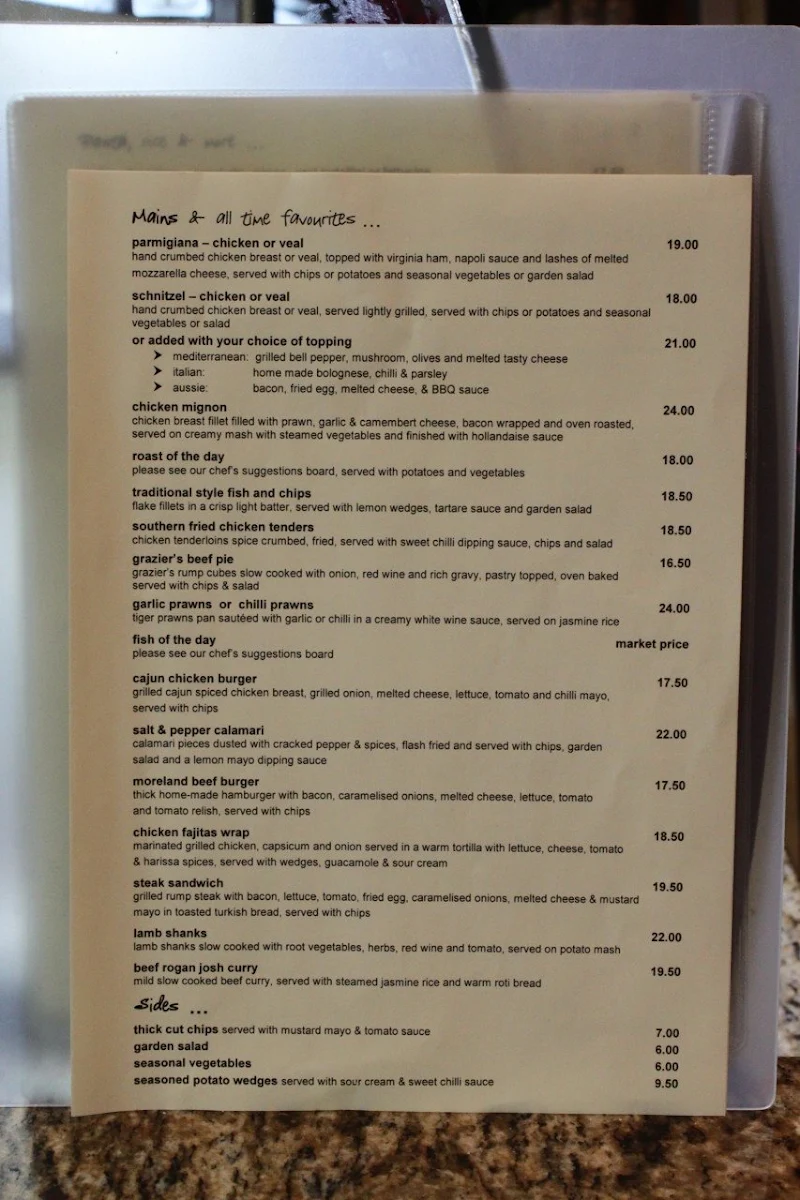 Menu, Moreland Hotel