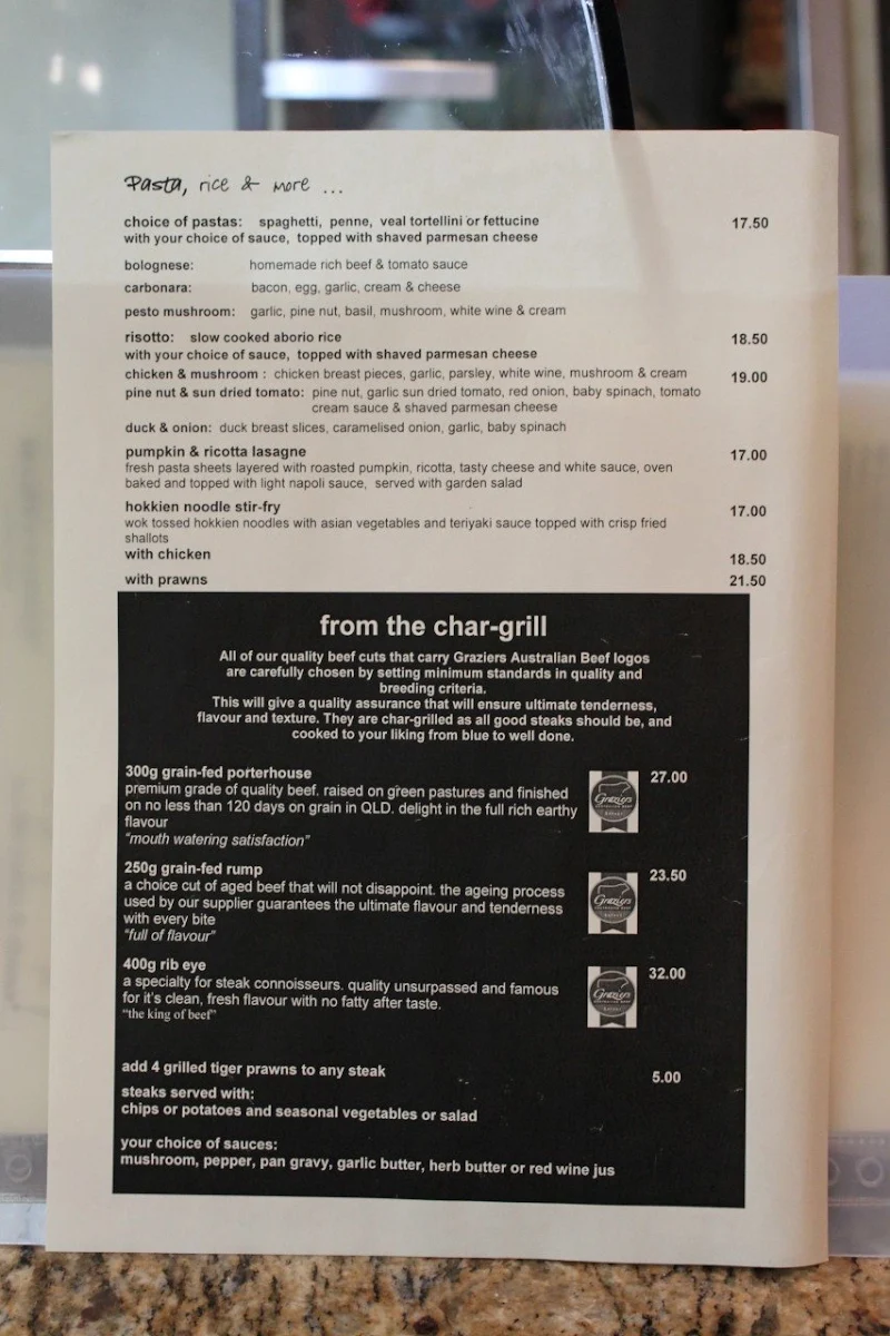 Menu, Moreland Hotel