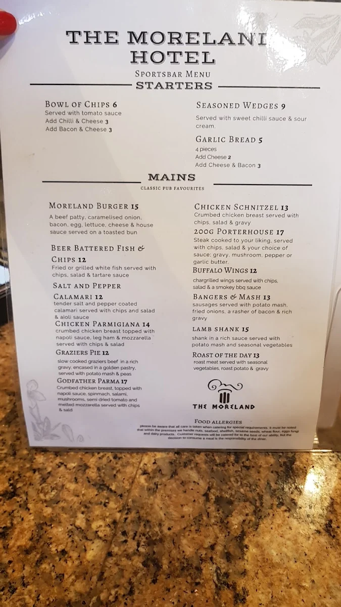 Menu, Moreland Hotel