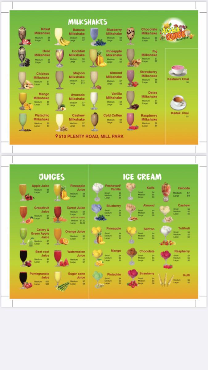 Menu, Agha Juice Mill Park