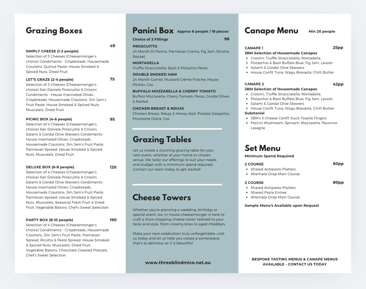 Menu, Three Blind Mice - Providore | Kitchen