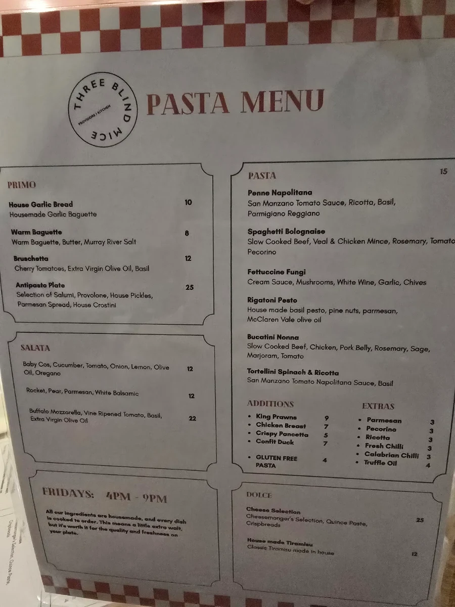Menu, Three Blind Mice - Providore | Kitchen