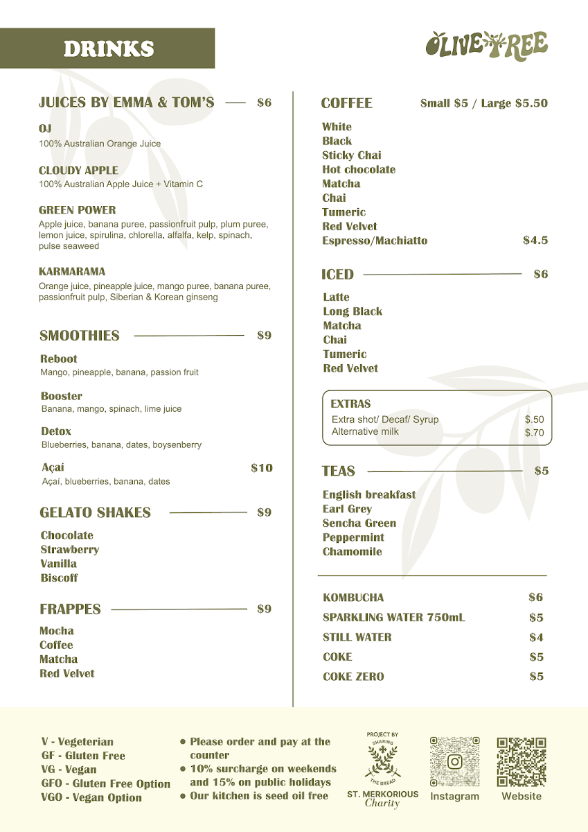 Menu, Olive Tree Cafe