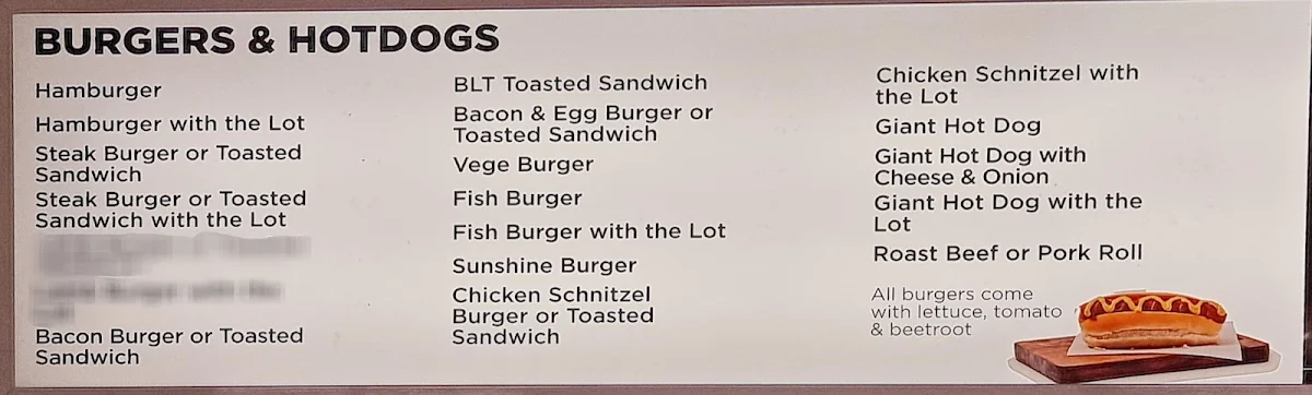 Menu, ZILLMERE SNACK BAR