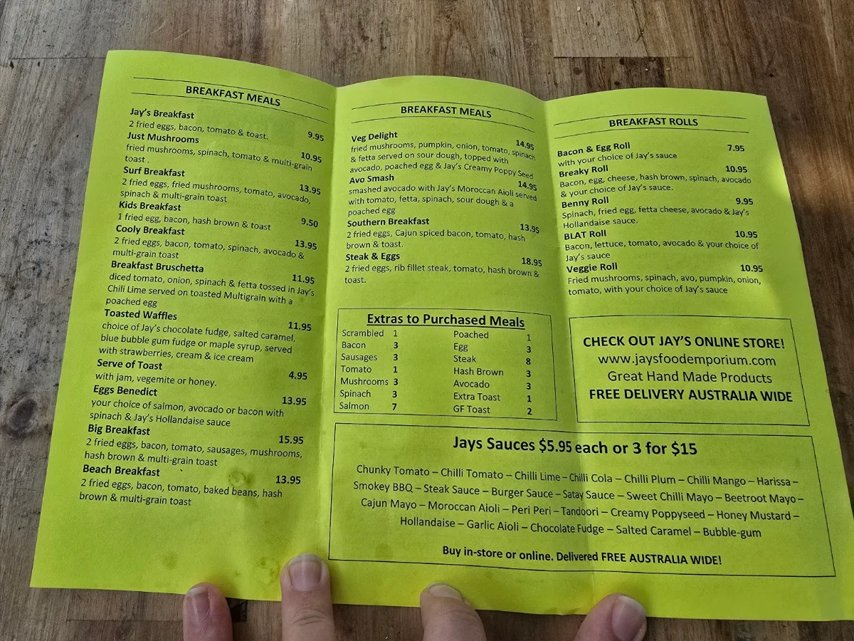 Menu, Jay's Food Emporium Coolangatta
