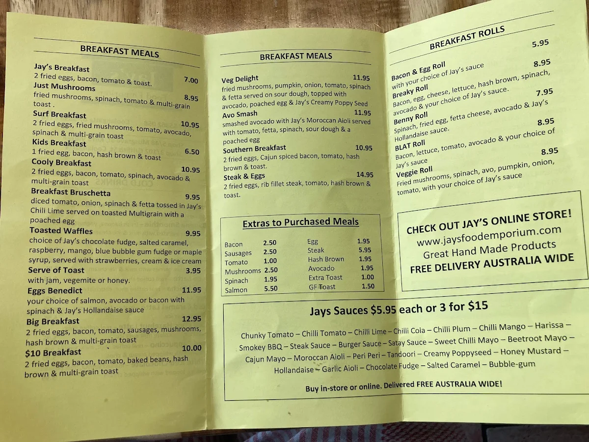 Menu, Jay's Food Emporium Coolangatta