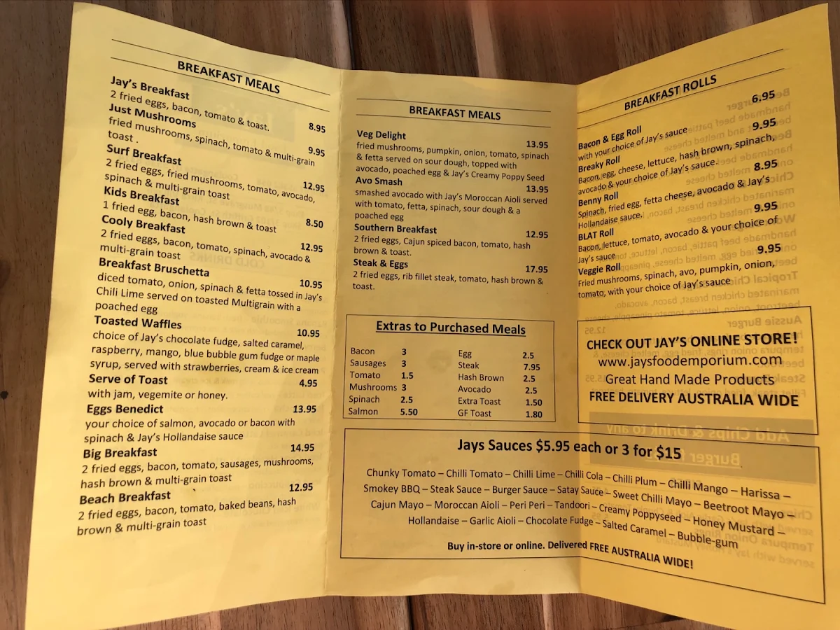 Menu, Jay's Food Emporium Coolangatta