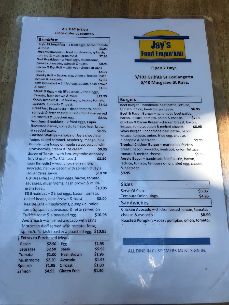 Menu, Jay's Food Emporium Coolangatta
