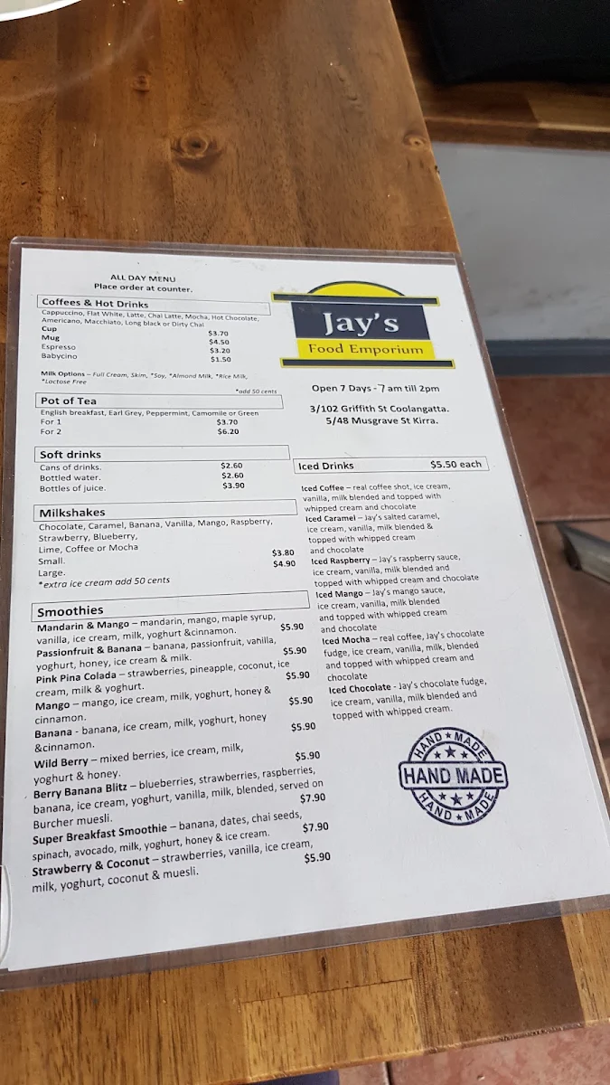 Menu, Jay's Food Emporium Coolangatta