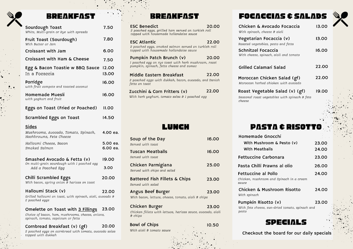Menu, Caffe ESC