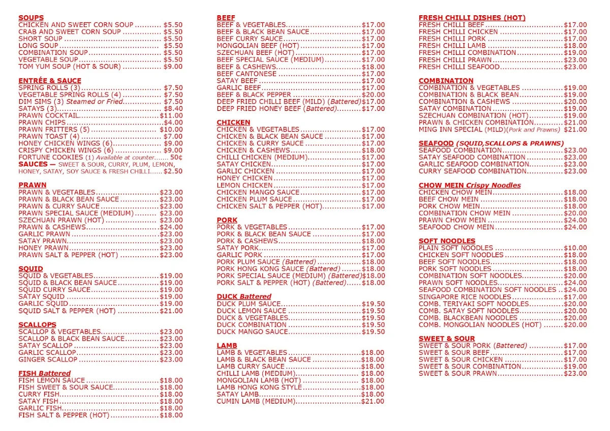 Menu, Ming Inn Chinese Restaurant