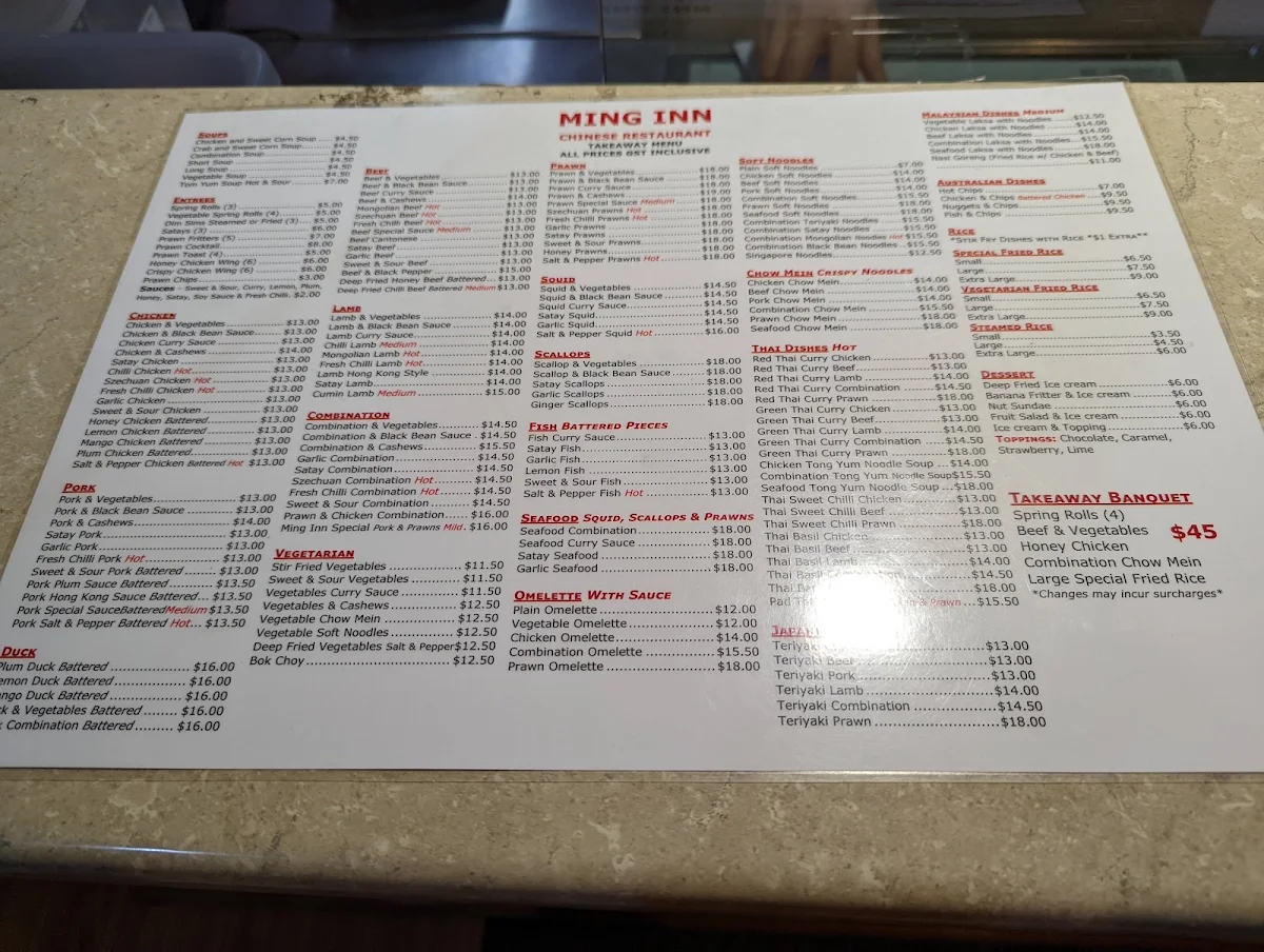 Menu, Ming Inn Chinese Restaurant