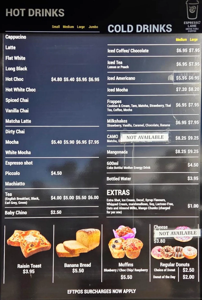 Menu, Espresso Lane Drive Thru Coffee Craigieburn