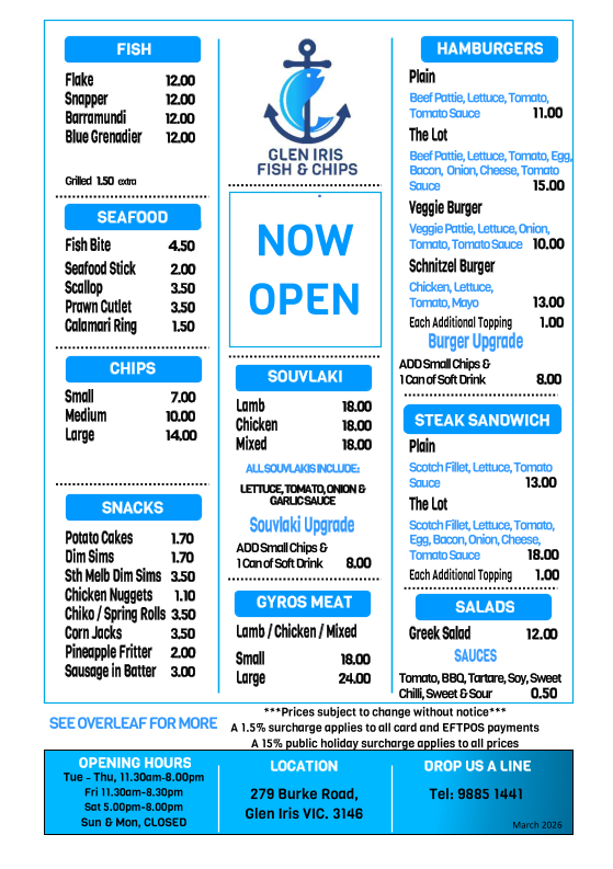 Menu, Glen Iris Fish & Chips