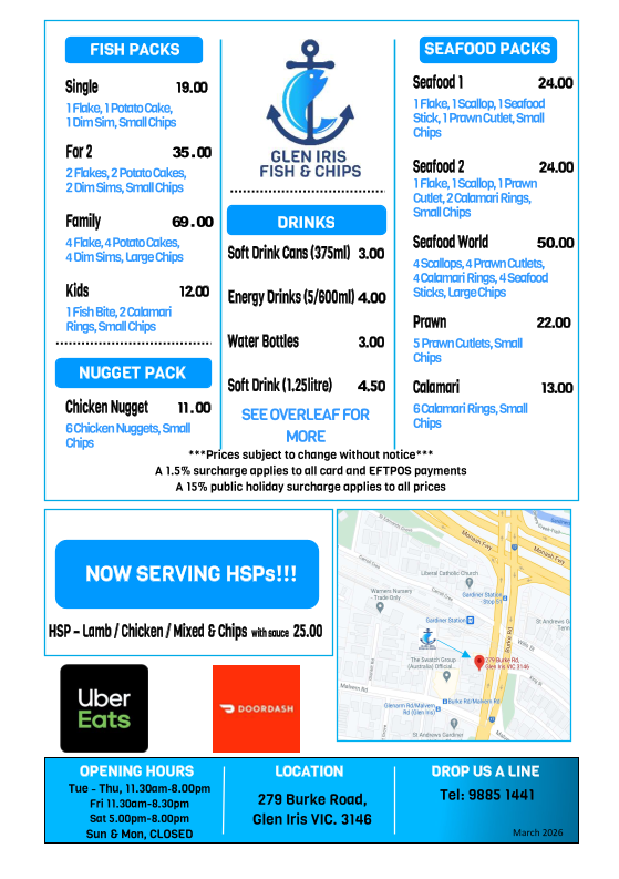 Menu, Glen Iris Fish & Chips
