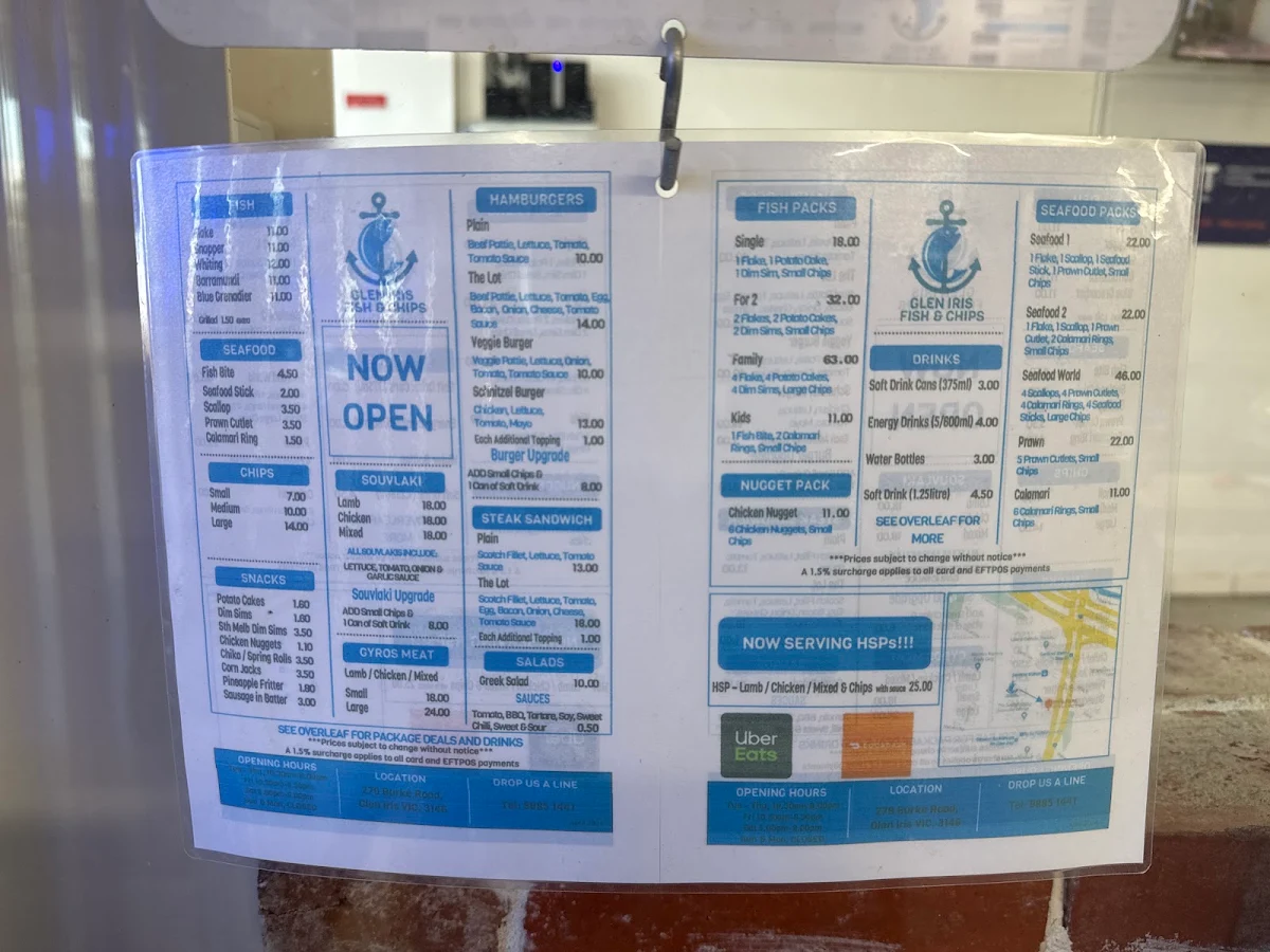 Menu, Glen Iris Fish & Chips