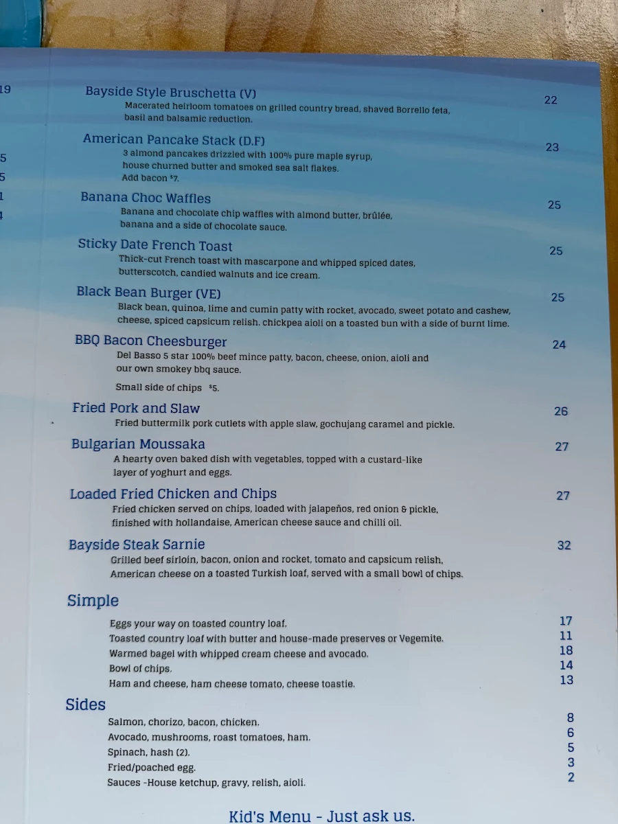 Menu, Bayside Barista